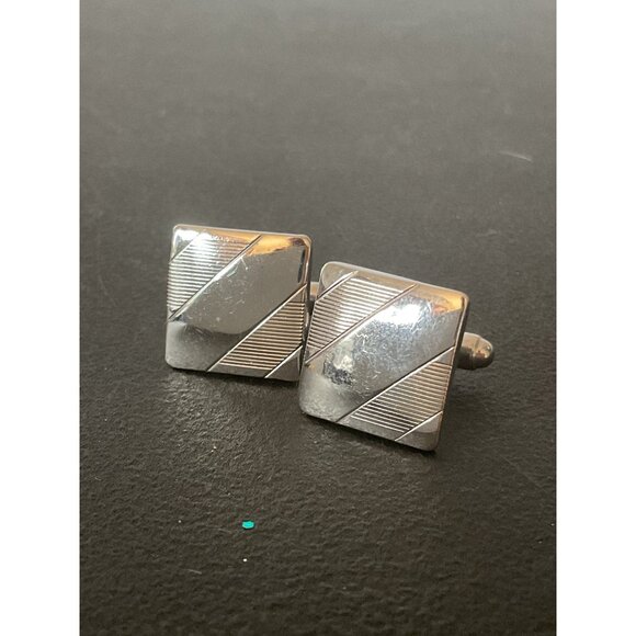 Vintage Square Silver-Tone Diagonal Striped Cufflinks For Men - Picture 1 of 4